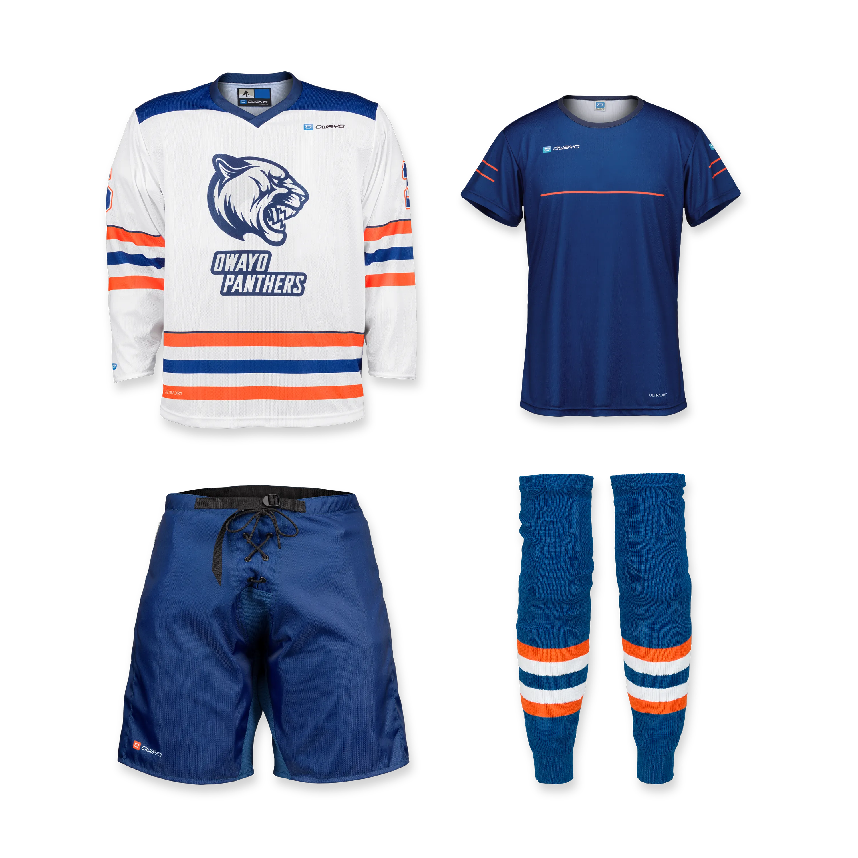 All products A set featuring a white hockey jersey with blue and orange stripes, a blue sports shirt, blue shorts, and blue socks with orange stripes.